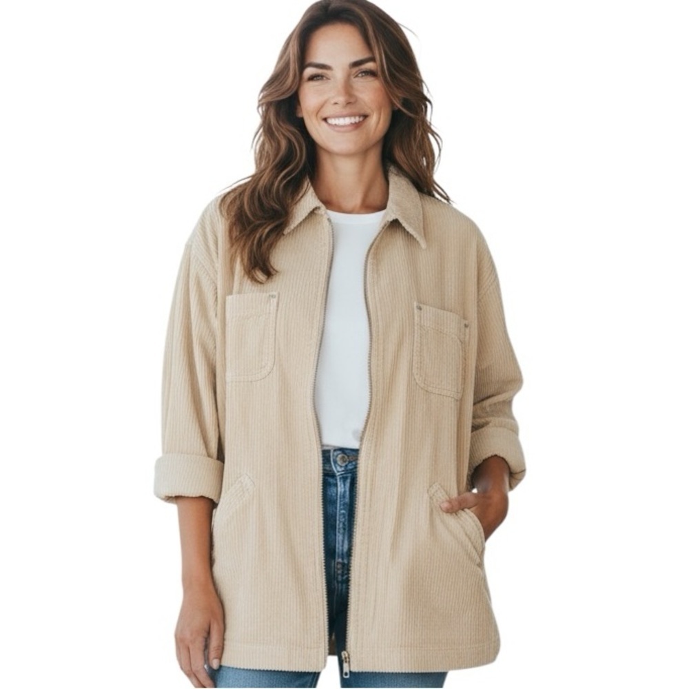 VTG TALBOTS ivory corduroy chore coat barn coat work jacket zip up size M ribbed